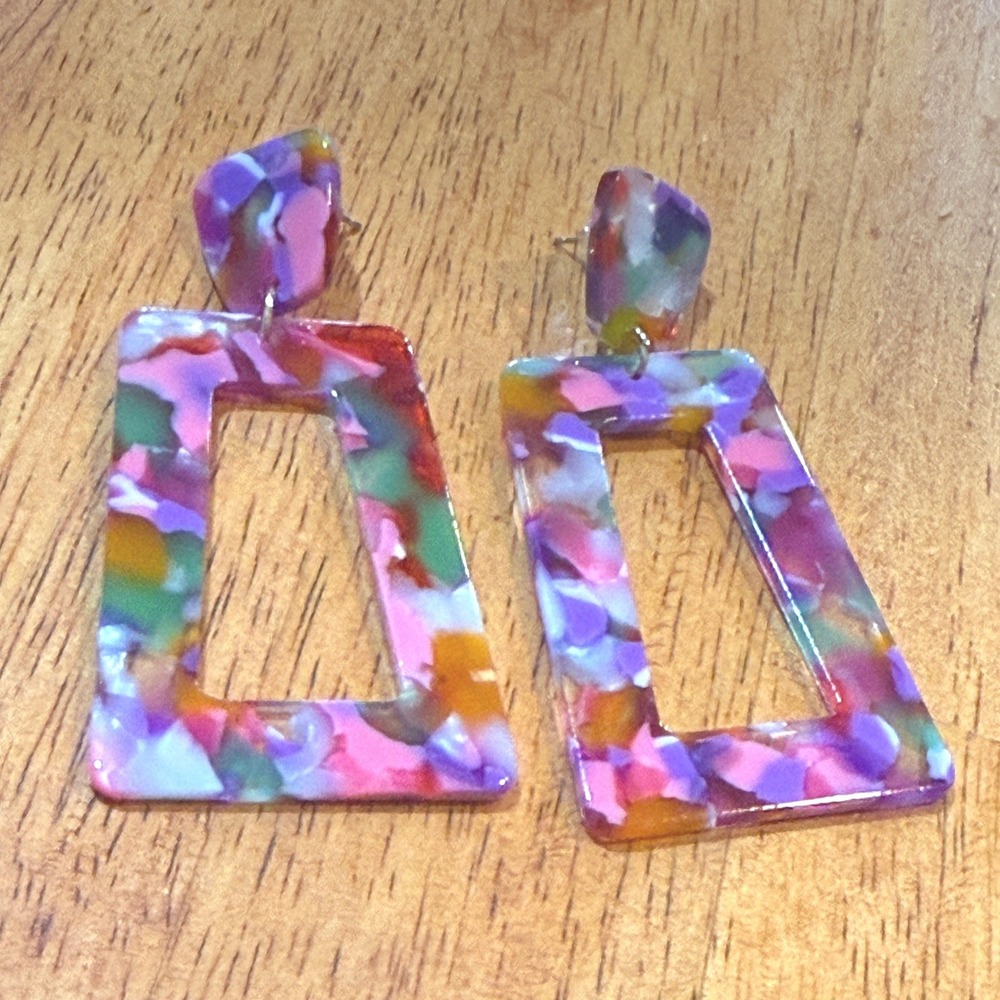 Multicolor Confetti Acrylic Rectangle Drop Earrings Geometric Statement Resin